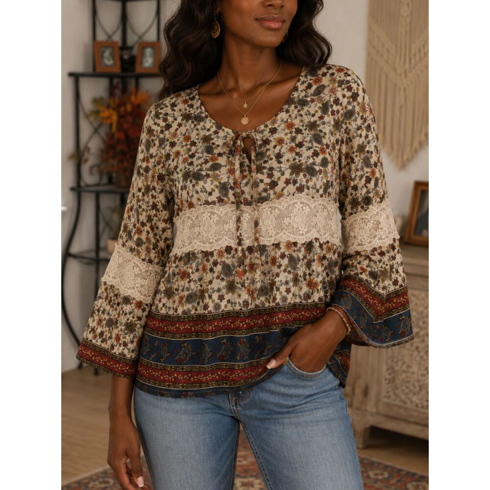 Hint of Mint Large Jrs Women's Boho Lace Trim Bell Sleeve Hippie Sheer Blouse